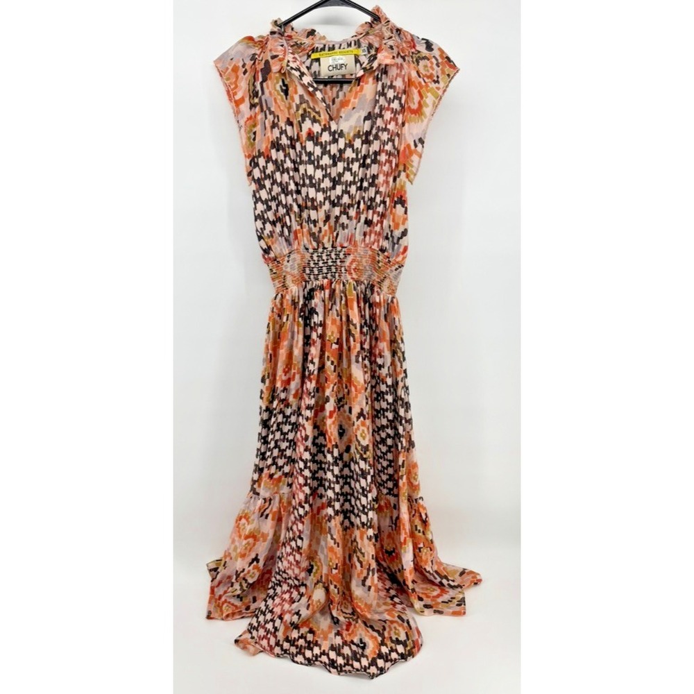 Chufy eastwind ikat Oversized Maxi Dress $650 XS smock waist ruffle cap sleeves